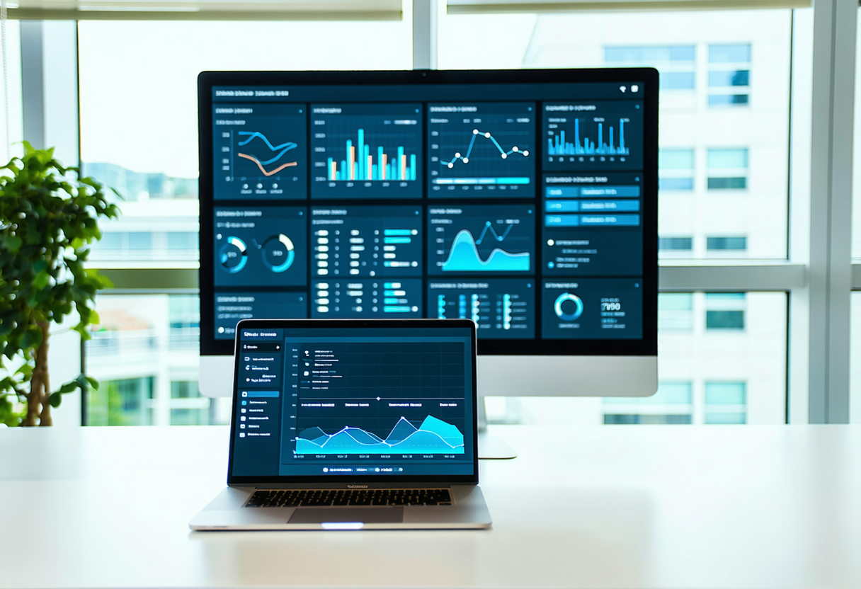 Modern workspace with IT professional consulting with a client at a clean desk