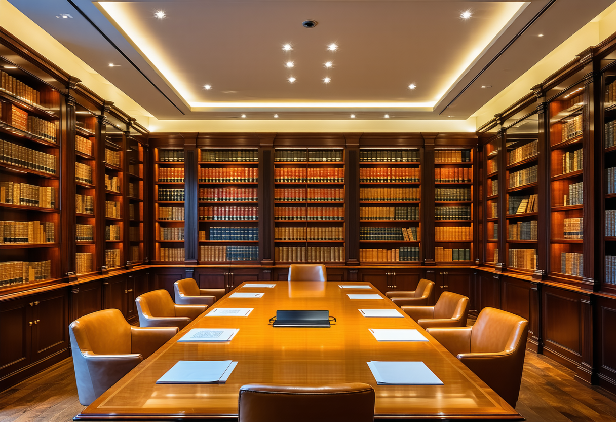 Law firm office with attorneys working with confidential client documents